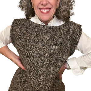 HANDMADE Wool Sweater Vest Cable Knit Stripe Black & Taupe Chunky Knit Pullover